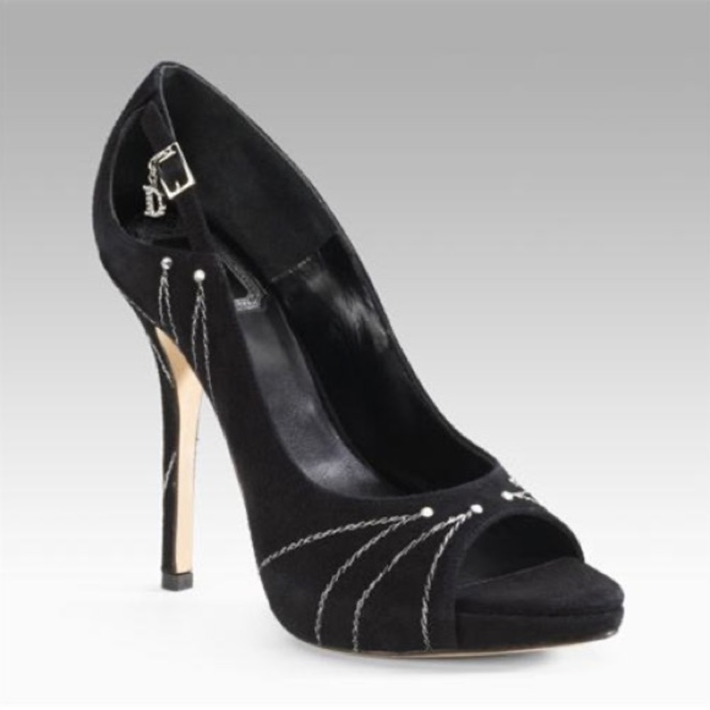 Dior Black Suede Open-Toe Stiletto Heels with Silver Chain Detail